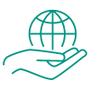 Green icon of hand holding a globe.