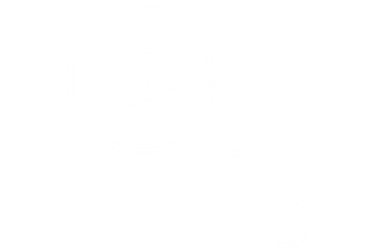 White icon showing a magnifying glass with eye in the middle.